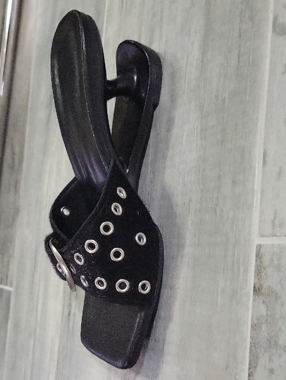 Black Grommet Buckle Slide Heels